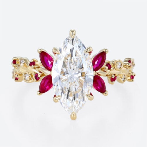 2ct Marquise Lab Diamond Engagement Rings with Vintage Rosefire 6 Claw Prong Ring in Yellow Gold
