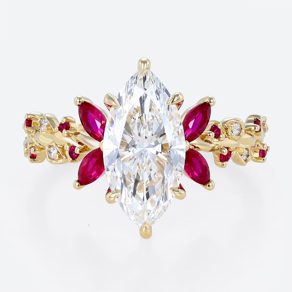 2ct Marquise Lab Diamond Engagement Rings with Vintage Rosefire 6 Claw Prong Ring in Yellow Gold