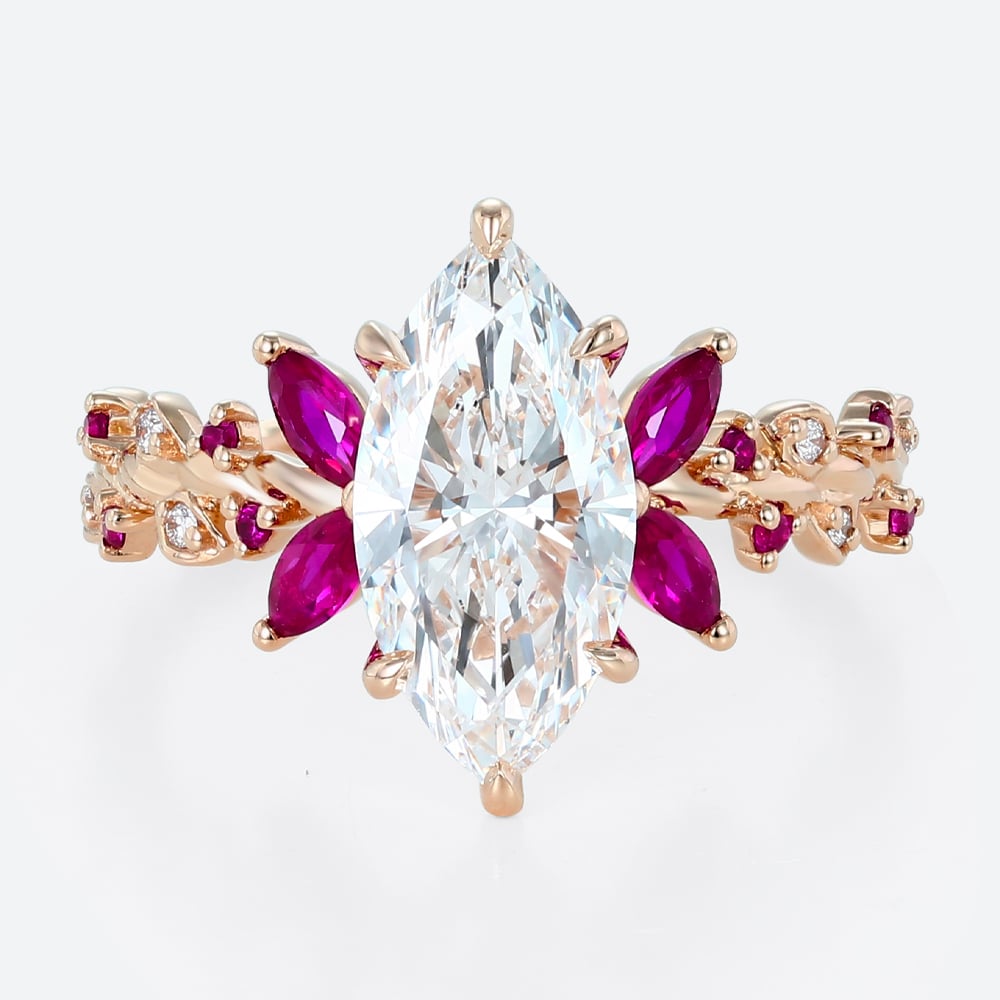 2ct Marquise Lab Diamond Engagement Rings with Vintage Rosefire 6 Claw Prong Ring in Rose Gold