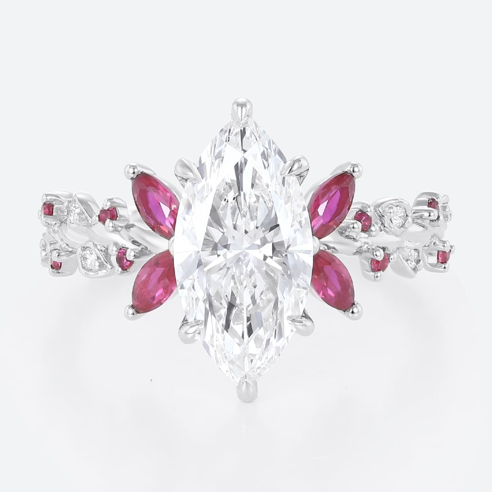 2ct Marquise Lab Diamond Engagement Rings with Vintage Rosefire 6 Claw Prong Ring in White Gold
