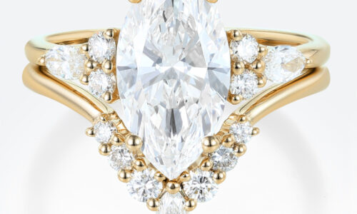 Marquise 2 Carat Lab Grown Diamond Ring Tiara Bridal Ring Set in Yellow Gold