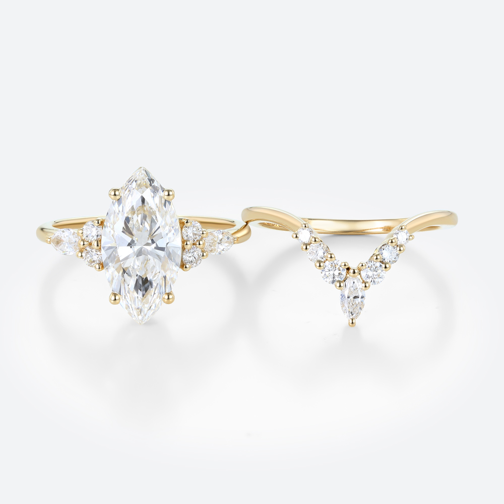 Marquise 2 Carat Lab Grown Diamond Ring Tiara Bridal Ring Set in Yellow Gold