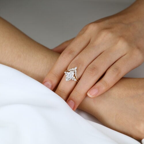 Marquise 2 Carat Lab Grown Diamond Ring Tiara Bridal Ring Set in Yellow Gold