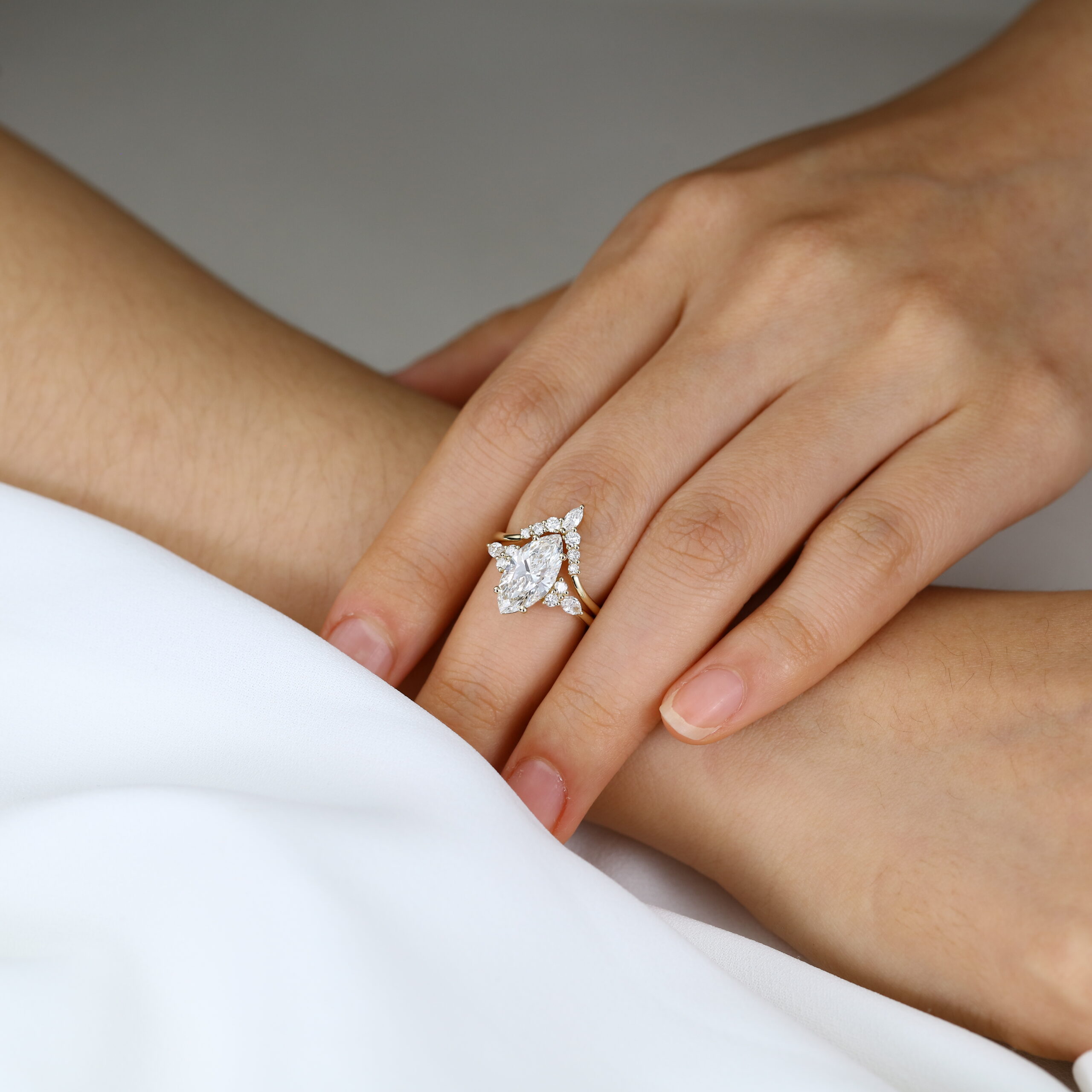 Marquise 2 Carat Lab Grown Diamond Ring Tiara Bridal Ring Set in Yellow Gold