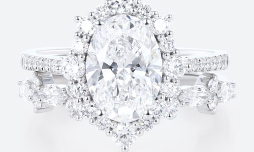 Oval 2 Carat Lab Grown Diamond Ring​ set Royal Halo Bridal Ring in White Gold