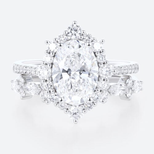 Oval 2 Carat Lab Grown Diamond Ring​ set Royal Halo Bridal Ring in White Gold