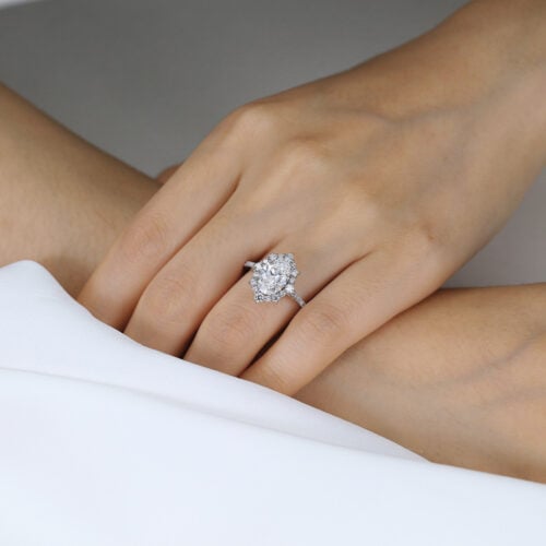 Oval 2 Carat Lab Grown Diamond Ring​ Royal Halo 4-Prong Engagement Ring in White Gold