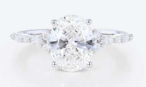 2ct Oval Lab Diamond Ring​ Semi Hidden Halo 4-Prong Engagement Ring in White Gold