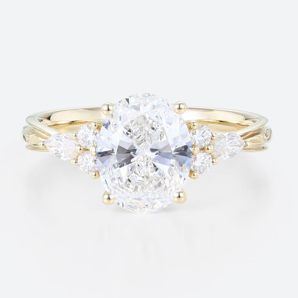 Oval Lab Grown Diamond Engagement Ring with Floral Side Stones in Yellow Gold