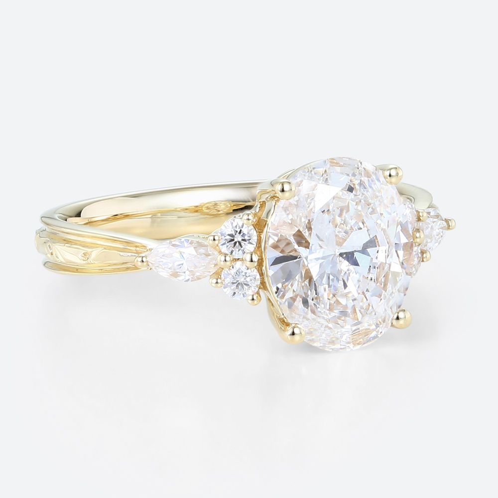 Oval Lab Grown Diamond Engagement Ring with Floral Side Stones in Yellow Gold
