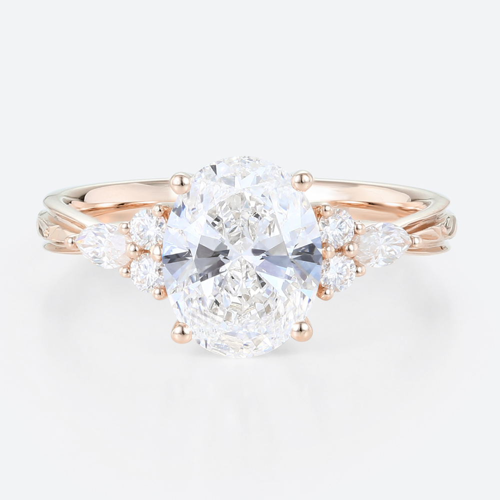 Oval Lab Grown Diamond Engagement Ring with Floral Side Stones in Rose Gold