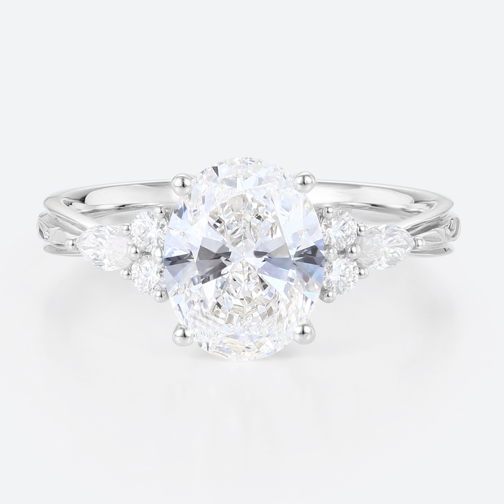 Oval Lab Grown Diamond Engagement Ring with Floral Side Stones in White Gold