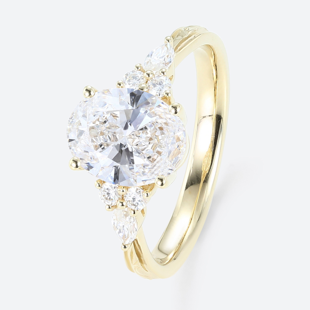 Oval Lab Grown Diamond Engagement Ring with Floral Side Stones in Yellow Gold