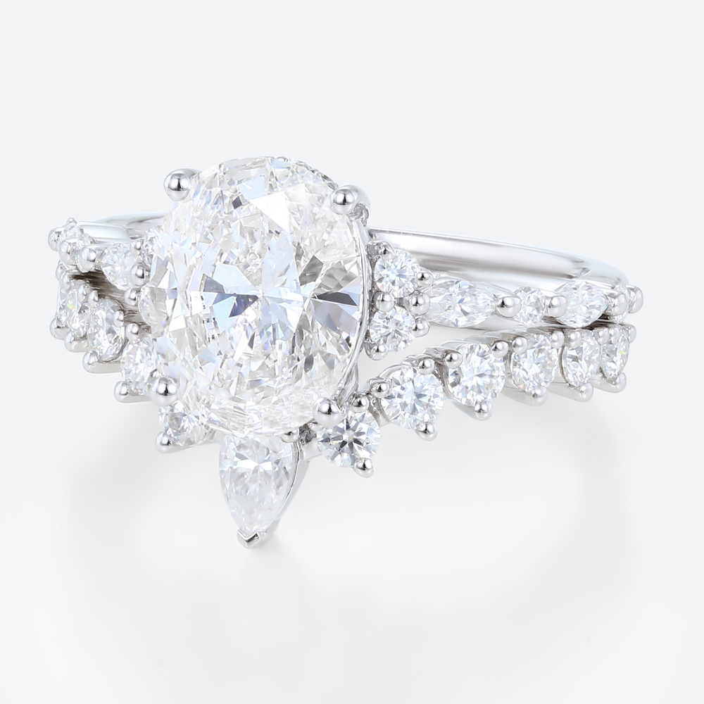 2ct Oval Lab Diamond Ring​ Set Vintage-Inspired 4-Prong Bridal Ring in White Gold