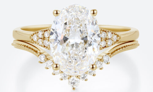 2.5ct Lab Grown Diamond Rings​ Set Vintage Milgrain Oval 4-Prong Bridal Ring Set in Yellow Gold