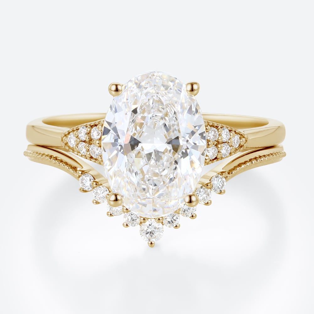 2.5ct Lab Grown Diamond Rings​ Set Vintage Milgrain Oval 4-Prong Bridal Ring Set in Yellow Gold