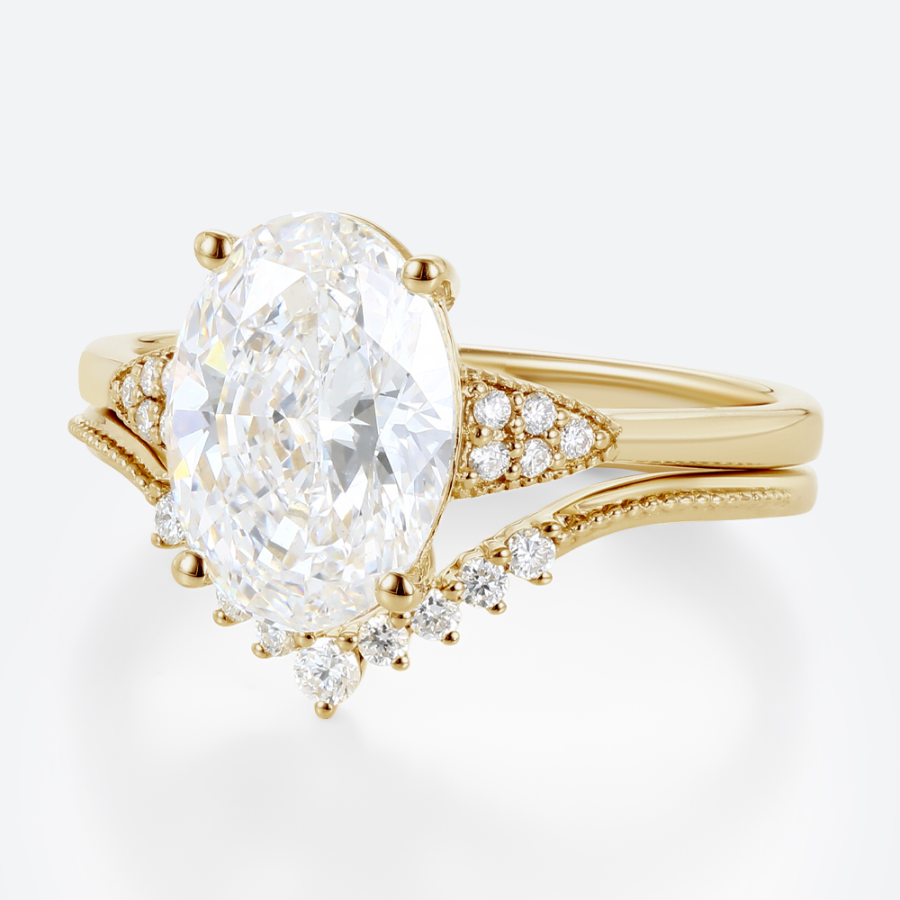 2.5ct Lab Grown Diamond Rings​ Set Vintage Milgrain Oval 4-Prong Bridal Ring Set in Yellow Gold