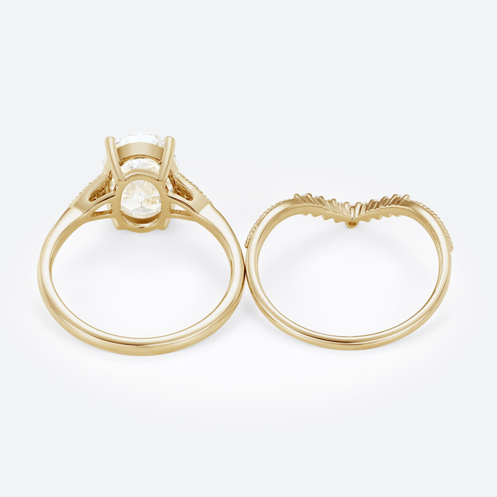 2.5ct Lab Grown Diamond Rings​ Set Vintage Milgrain Oval 4-Prong Bridal Ring Set in Yellow Gold