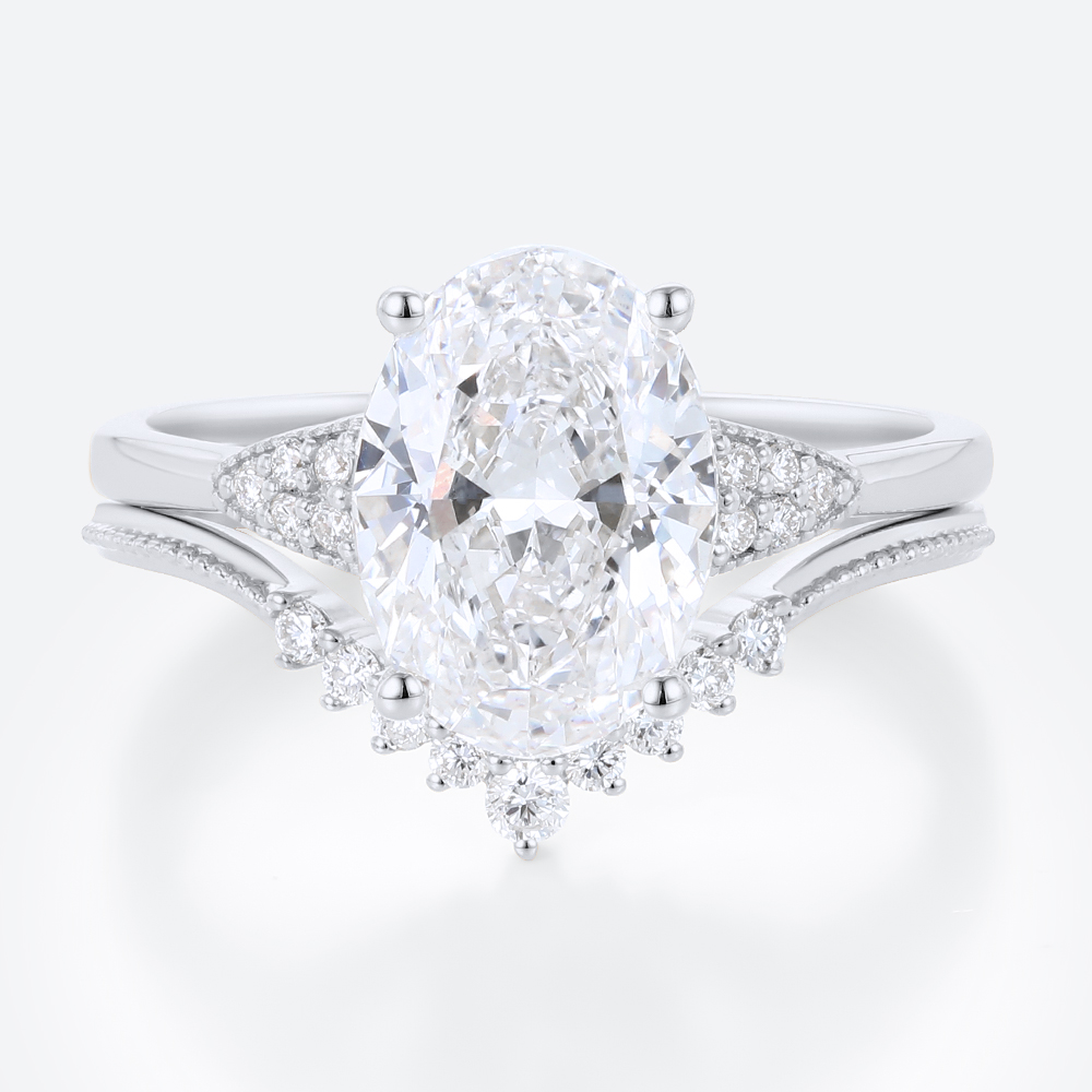 2.5ct Lab Grown Diamond Rings​ Set Vintage Milgrain Oval 4-Prong Bridal Ring Set in White Gold