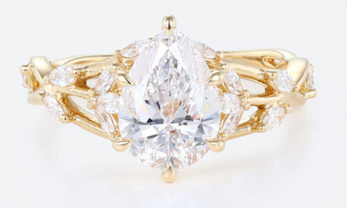 2ct Lab Diamond Engagement Rings Pear Cut Leaf-Inspired 6 Claw Prong Engagement Ring in Yellow Gold