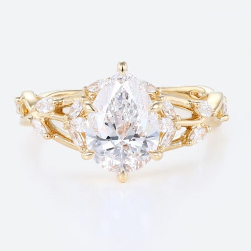 2ct Lab Diamond Engagement Rings Pear Cut Leaf-Inspired 6 Claw Prong Engagement Ring in Yellow Gold