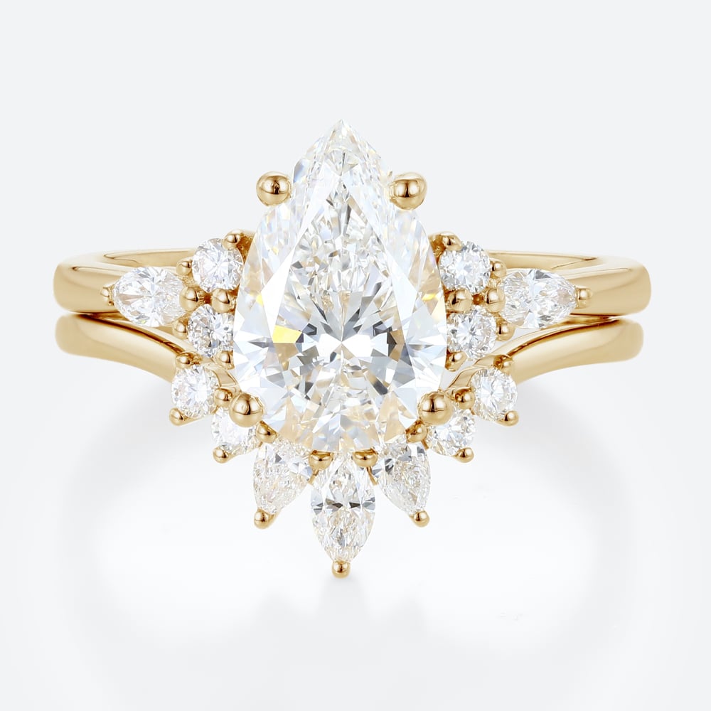 2 Carat Pear Lab Grown Diamond Ring​ Set Vintage-Inspired 4-Prong Bridal Ring Set in Yellow Gold
