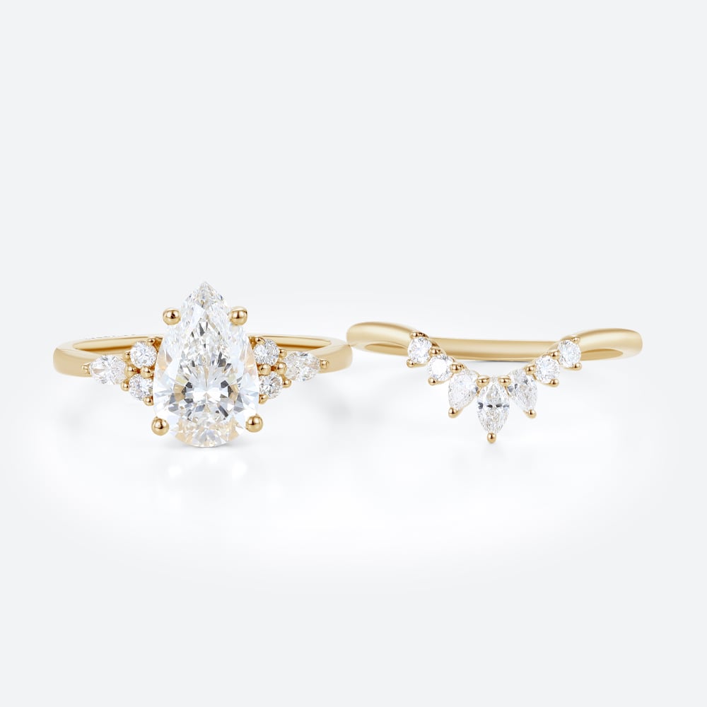 2 Carat Pear Lab Grown Diamond Ring​ Set Vintage-Inspired 4-Prong Bridal Ring Set in Yellow Gold