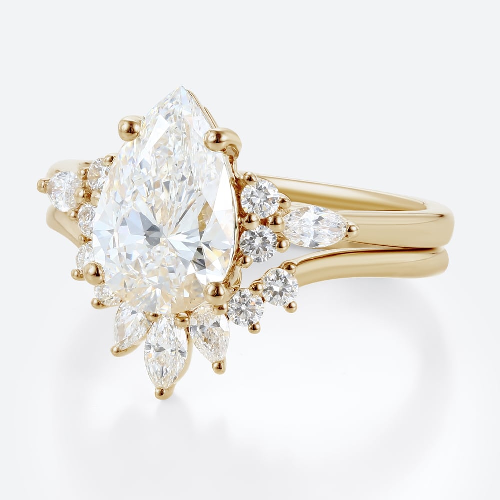 2 Carat Pear Lab Grown Diamond Ring​ Set Vintage-Inspired 4-Prong Bridal Ring Set in Yellow Gold