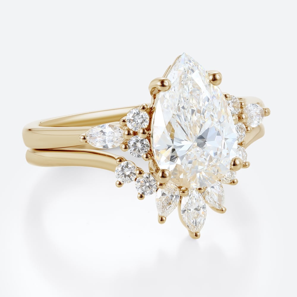 2 Carat Pear Lab Grown Diamond Ring​ Set Vintage-Inspired 4-Prong Bridal Ring Set in Yellow Gold