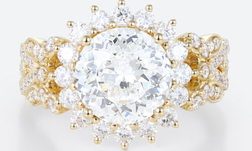 Halo Lab Grown Diamond Rings 2ct Round Blossom Halo Bridal Ring in Yellow Gold