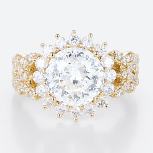 Halo Lab Grown Diamond Rings 2ct Round Blossom Halo Bridal Ring in Yellow Gold