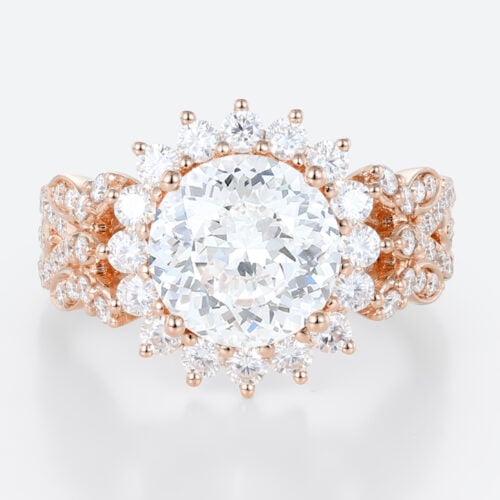 Halo Lab Grown Diamond Rings 2ct Round Blossom Halo Bridal Ring in Rose Gold
