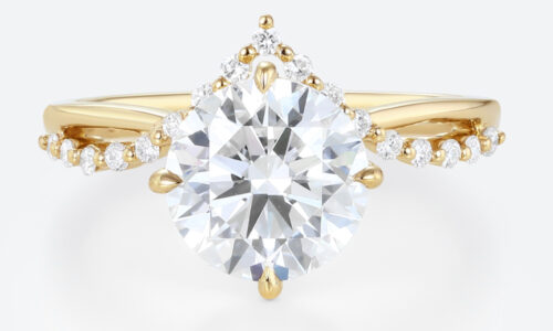 Round 2 Carat Lab Grown Diamond Ring ​Chevron 4 Claw Prong Engagement Ring in Yellow Gold