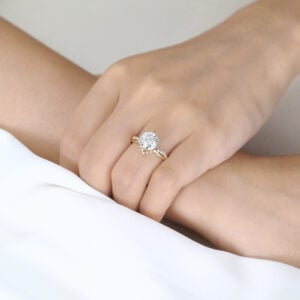 Round 2 Carat Lab Grown Diamond Ring ​Chevron 4 Claw Prong Engagement Ring in Yellow Gold