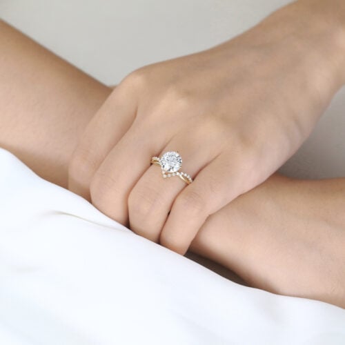 Round 2 Carat Lab Grown Diamond Ring ​Chevron 4 Claw Prong Engagement Ring in Yellow Gold