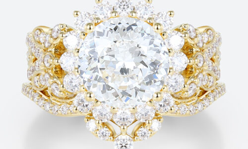 Halo Lab Diamond Ring Set 2ct Round Luxury 4-Claw Prong Bridal Ring in Yellow Gold