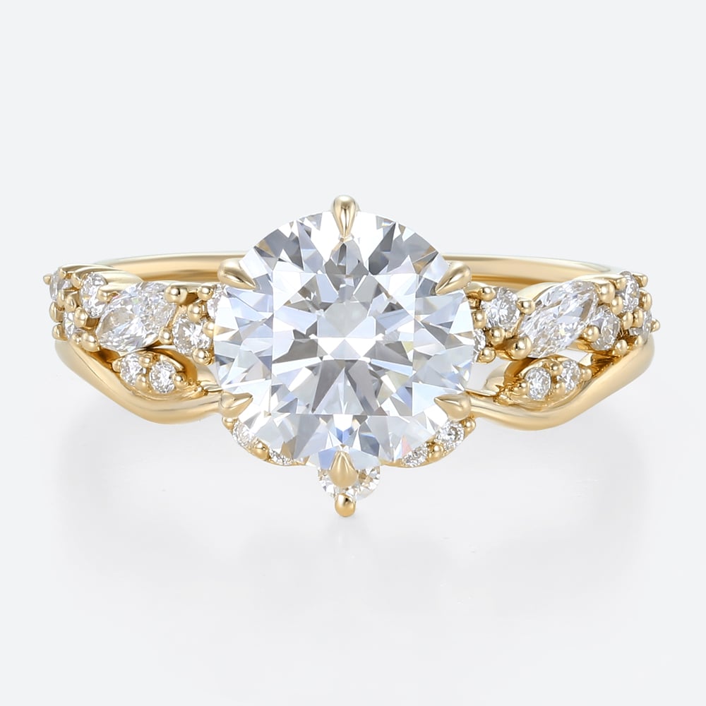 2ct Round Lab Diamond Ring​ Set Vintage Cluster 6 Claw Prong Bridal Ring Set in Yellow Gold