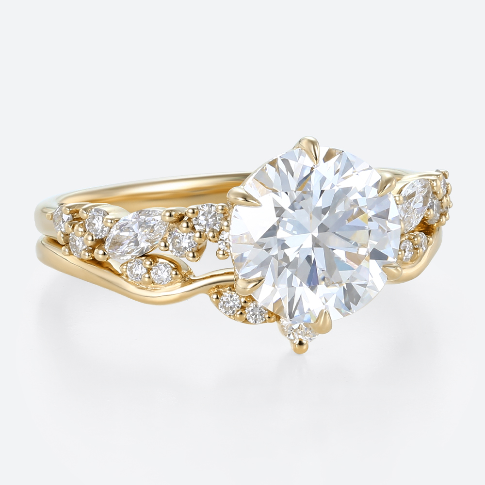 2ct Round Lab Diamond Ring​ Set Vintage Cluster 6 Claw Prong Bridal Ring Set in Yellow Gold