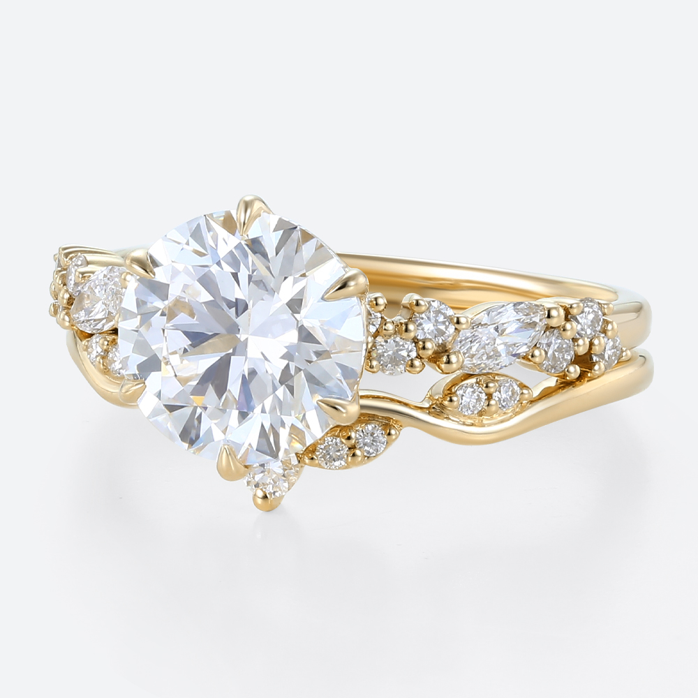 2ct Round Lab Diamond Ring​ Set Vintage Cluster 6 Claw Prong Bridal Ring Set in Yellow Gold