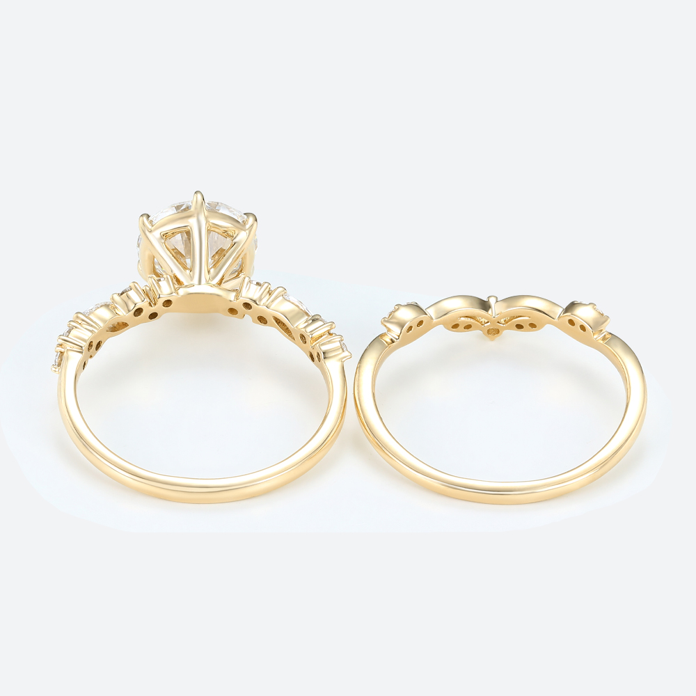 2ct Round Lab Diamond Ring​ Set Vintage Cluster 6 Claw Prong Bridal Ring Set in Yellow Gold