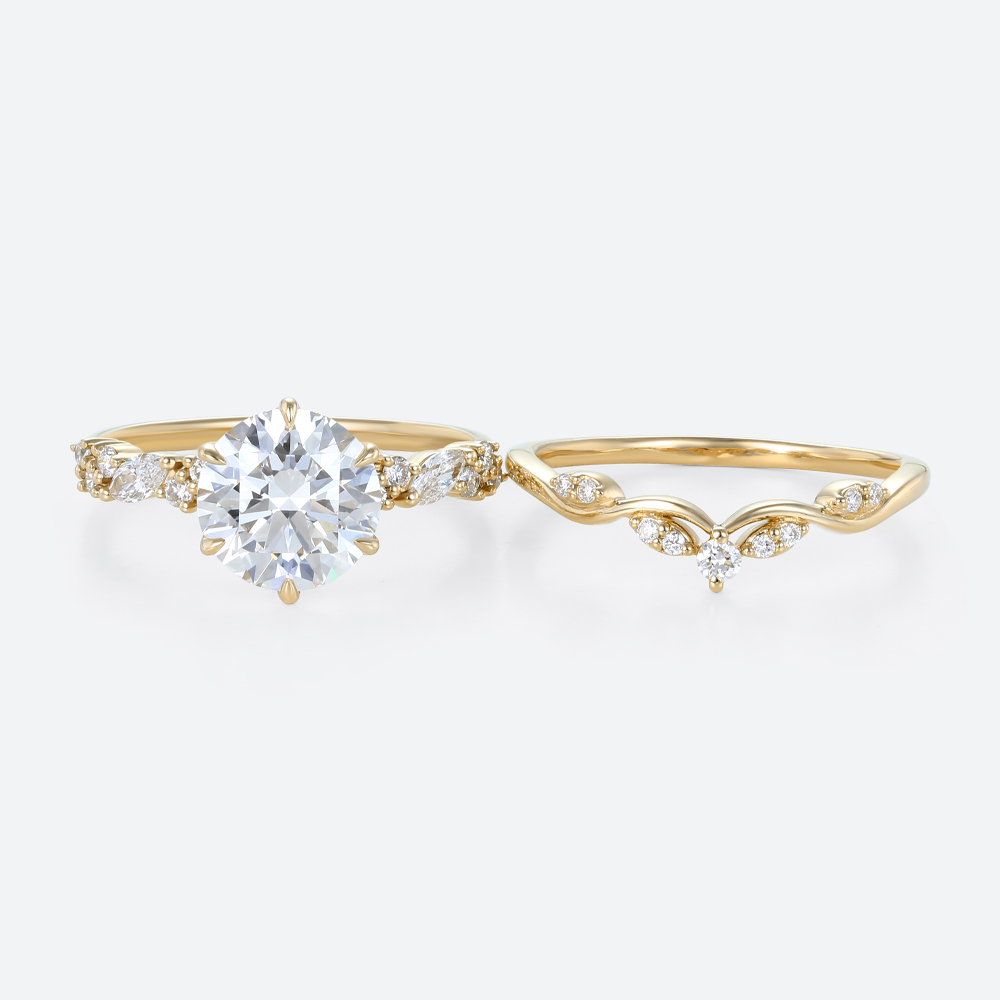 2ct Round Lab Diamond Ring​ Set Vintage Cluster 6 Claw Prong Bridal Ring Set in Yellow Gold