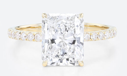 3.5ct Radiant Cut Lab Diamond Ring​ Pavé 4 Claw Engagement Ring in Yellow Gold