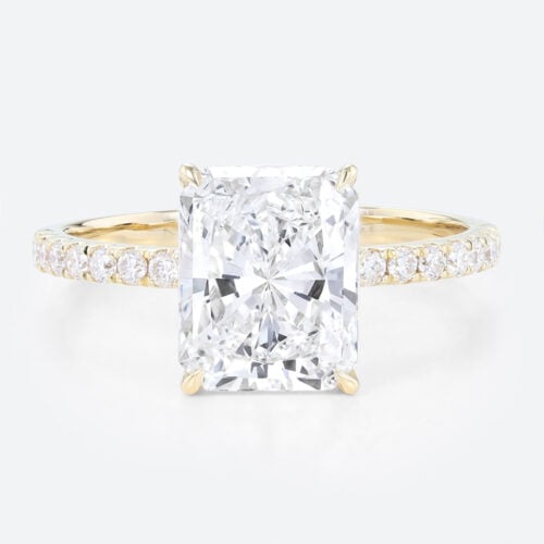3.5ct Radiant Cut Lab Diamond Ring Pavé 4 Claw Engagement Ring in Yellow Gold