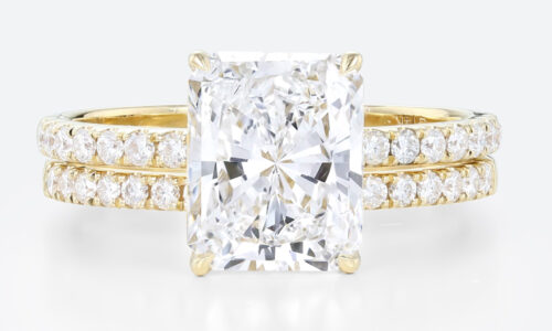 3.5ct Radiant Lab Diamond Ring Set Seamless Pavé Bridal Ring in Yellow Gold