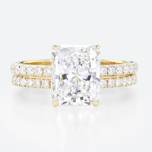 3.5ct Radiant Lab Diamond Ring Set Seamless Pavé Bridal Ring in Yellow Gold