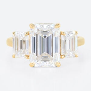3ct Emerald Cut Engagement Rings​ Three-Stone Lab Diamond Ring in Yellow Gold
