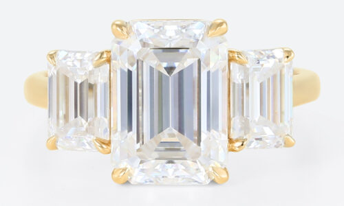 3ct Emerald Cut Engagement Rings​ Three-Stone Lab Diamond Ring in Yellow Gold