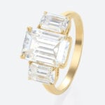 3ct Emerald Cut Engagement Rings​ Three-Stone Lab Diamond Ring in Yellow Gold