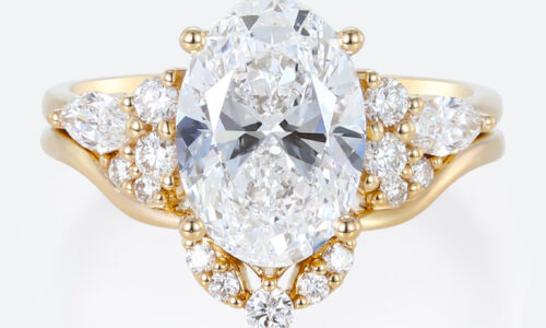 3ct Oval Cut Lab Diamond Ring Set Seamless Stacking Bridal Ring Set in Yellow Gold