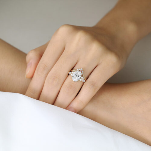 3ct Oval Cut Lab Diamond Ring Set Seamless Stacking Bridal Ring Set in Yellow Gold